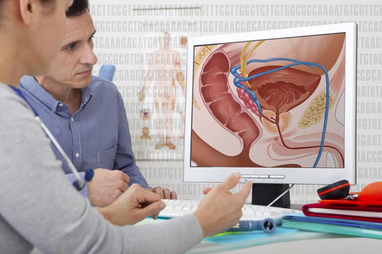 Medical professional analyzing a digital illustration of the male reproductive system and urinary tract for health and anatomy education.