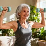 Active senior woman doing strength training with dumbbells indoors, promoting flexibility and muscle health for a healthy lifestyle.