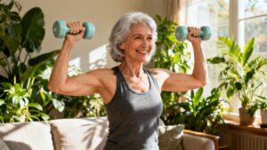 Active senior woman doing strength training with dumbbells indoors, promoting flexibility and muscle health for a healthy lifestyle.