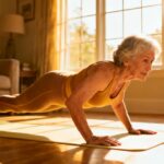 Senior woman performing a plank exercise on yoga mat at home, improving flexibility and strength through daily stretching routines.