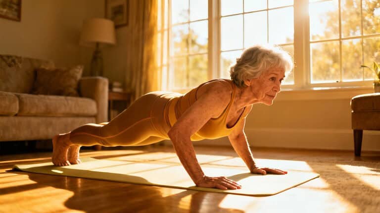 Senior woman performing a plank exercise on yoga mat at home, improving flexibility and strength through daily stretching routines.
