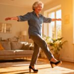 Elderly woman practicing stretching exercises indoors, improving flexibility and mobility for healthy aging.