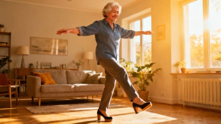 Elderly woman practicing stretching exercises indoors, improving flexibility and mobility for healthy aging.