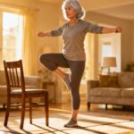 Gentle elderly woman practicing indoor stretching exercises at home, focusing on flexibility and balance, suitable for seniors and improved mobility.