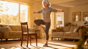 Gentle elderly woman practicing indoor stretching exercises at home, focusing on flexibility and balance, suitable for seniors and improved mobility.