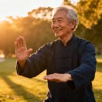 Calm elderly man practicing Tai Chi in park during sunset, healthy aging, fall wellness, mindful movement, senior fitness, outdoor exercise, graceful aging, balance and flexibility, traditional martial arts, self-care, health and wellness.