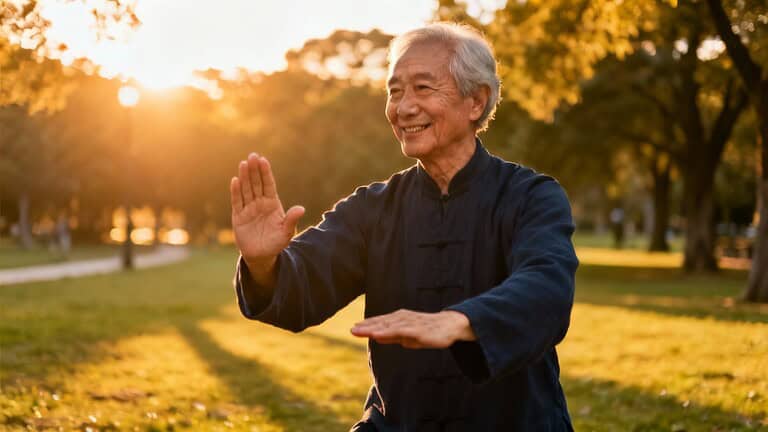 Calm elderly man practicing Tai Chi in park during sunset, healthy aging, fall wellness, mindful movement, senior fitness, outdoor exercise, graceful aging, balance and flexibility, traditional martial arts, self-care, health and wellness.