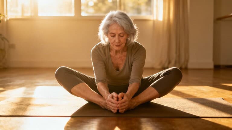 Relaxing elderly woman practicing seated forward bend stretch on yoga mat for flexibility and stress relief.
