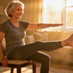 Seated elderly woman stretching leg and arm indoor, senior stretching exercises at home for flexibility and mobility, senior woman practicing daily stretching routines for health and wellness.