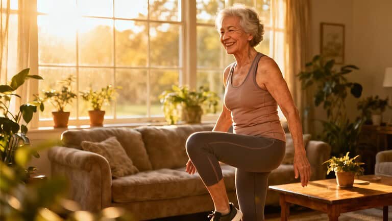 Stretching elderly woman doing indoor balance exercise in warm sunlight.