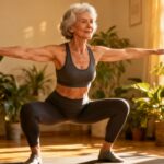Senior woman performing squats indoors for daily stretching and flexibility exercises.
