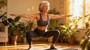 Senior woman performing squats indoors for daily stretching and flexibility exercises.