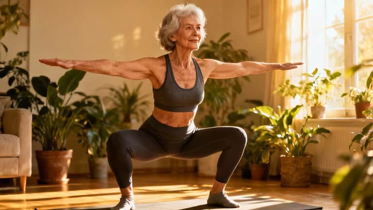 Senior woman performing squats indoors for daily stretching and flexibility exercises.