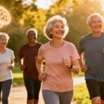 Bright elderly people jogging outdoors in a park, enjoying a healthy lifestyle with friends, promoting physical activity and mental wellness for seniors, with a glowing brain icon symbolizing mental health.