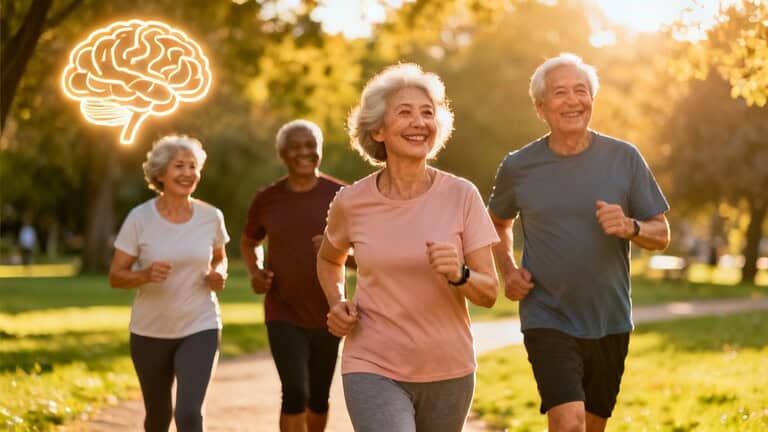 Bright elderly people jogging outdoors in a park, enjoying a healthy lifestyle with friends, promoting physical activity and mental wellness for seniors, with a glowing brain icon symbolizing mental health.