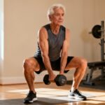 Dumbbell squat exercise for seniors in a home gym setting, promoting strength, flexibility, and overall fitness, ideal for daily stretching routines for older adults.