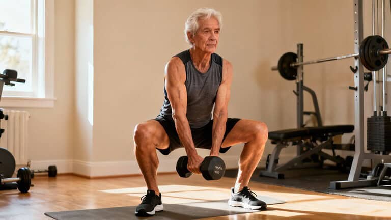 Dumbbell squat exercise for seniors in a home gym setting, promoting strength, flexibility, and overall fitness, ideal for daily stretching routines for older adults.