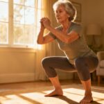 Stretching elderly woman performing squats in living room for flexibility and strength, natural morning light, home exercise routine, promoting health and wellness for seniors.
