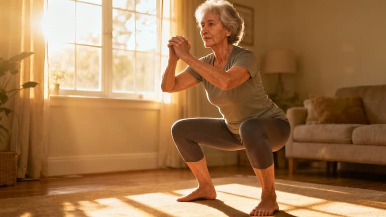 Stretching elderly woman performing squats in living room for flexibility and strength, natural morning light, home exercise routine, promoting health and wellness for seniors.