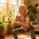 Gentle elderly woman doing squats and smiling during indoor stretching or yoga session in cozy living room filled with lush green plants and warm sunlight.