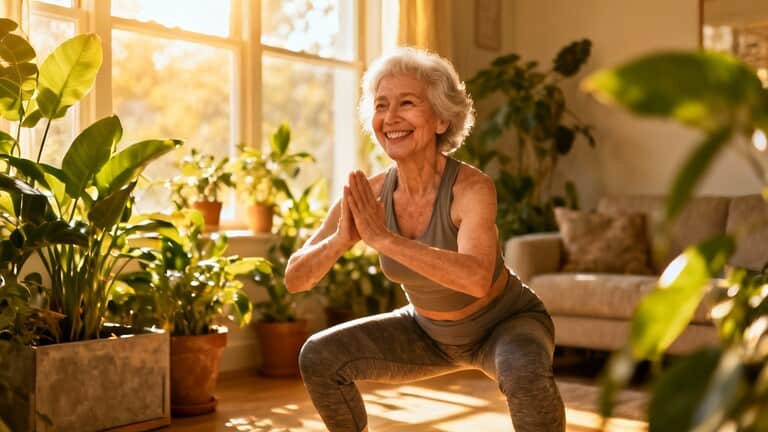 Gentle elderly woman doing squats and smiling during indoor stretching or yoga session in cozy living room filled with lush green plants and warm sunlight.