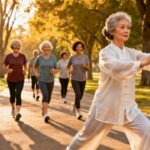 Elderly woman practicing tai chi in a park with a group of seniors, promoting health, relaxation, and mindfulness through gentle stretching and movement routines.