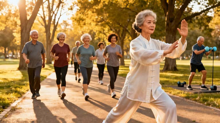 Elderly woman practicing tai chi in a park with a group of seniors, promoting health, relaxation, and mindfulness through gentle stretching and movement routines.