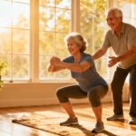 Elderly couple practicing squats and stretching exercises at home to promote flexibility and healthy aging. Bright, sunlit living room with potted plants enhances a positive environment for senior fitness routines.