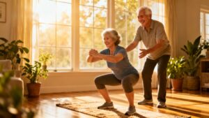 Elderly couple practicing squats and stretching exercises at home to promote flexibility and healthy aging. Bright, sunlit living room with potted plants enhances a positive environment for senior fitness routines.