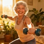 Active senior woman exercising at home with dumbbells, happy and smiling, promoting health and fitness for older adults, indoor workout, elderly wellness, stretching daily.