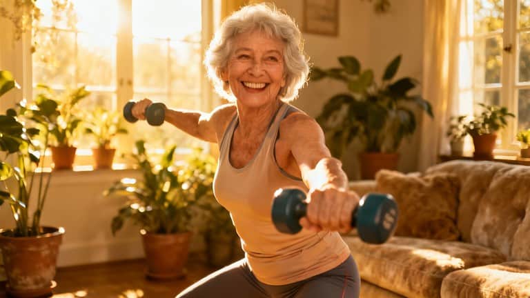 Active senior woman exercising at home with dumbbells, happy and smiling, promoting health and fitness for older adults, indoor workout, elderly wellness, stretching daily.