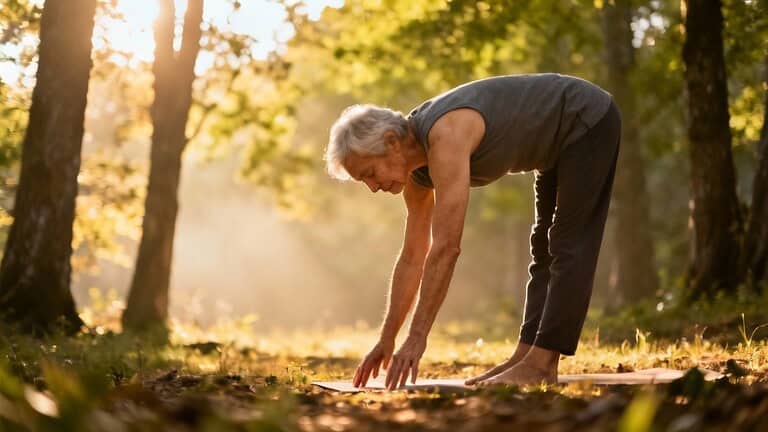 Gentle elderly woman practicing outdoor stretching in the woods during sunrise for improved flexibility and relaxation.