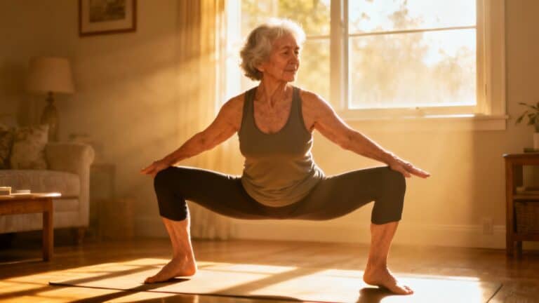 Flexible elderly woman practicing stretching exercises at home for senior fitness and mobility.