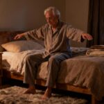 Gentle elderly man stretching in the bedroom, practicing morning stretches for flexibility and mobility, promoting healthy aging and daily wellness routines.