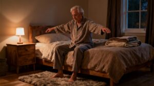Gentle elderly man stretching in the bedroom, practicing morning stretches for flexibility and mobility, promoting healthy aging and daily wellness routines.