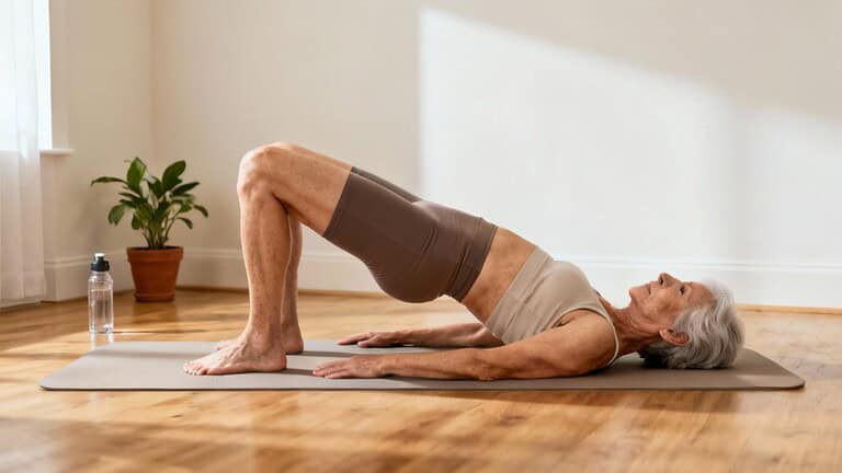 Gentle elderly woman practicing bridge pose stretch for flexibility and spinal health on a yoga mat indoors.