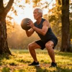 Senior man doing squat exercise with medicine ball outdoors in park during autumn, promoting flexibility and fitness for seniors.