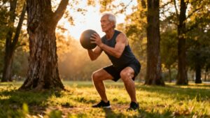 Senior man doing squat exercise with medicine ball outdoors in park during autumn, promoting flexibility and fitness for seniors.