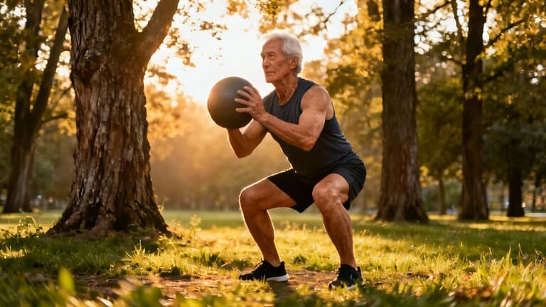 Senior man doing squat exercise with medicine ball outdoors in park during autumn, promoting flexibility and fitness for seniors.