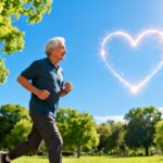 Vibrant senior man jogging outdoors in a sunny park with green trees, heart-shaped light graphic in the sky.