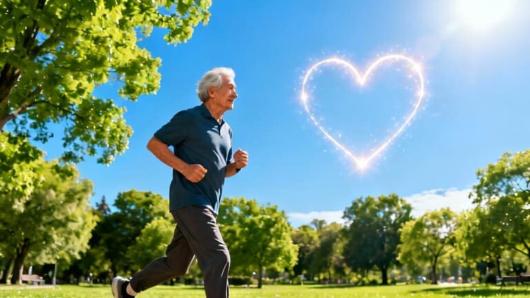 Vibrant senior man jogging outdoors in a sunny park with green trees, heart-shaped light graphic in the sky.