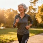 Older woman jogging outdoors in a park during sunset, smiling and enjoying a morning workout, promoting active aging and fitness routines for seniors.