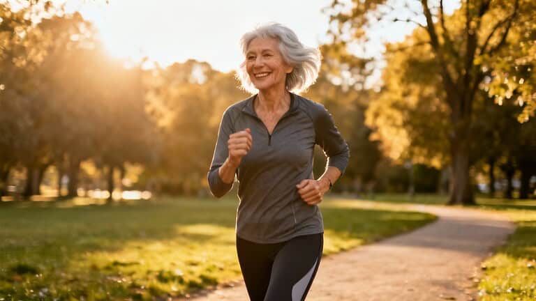Older woman jogging outdoors in a park during sunset, smiling and enjoying a morning workout, promoting active aging and fitness routines for seniors.