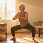 Elderly woman doing yoga squat indoors, practicing stretching exercises at home for flexibility and mobility, sunlight streaming through window, comfortable living room setting, senior fitness, gentle stretching routine, health and wellness for seniors.