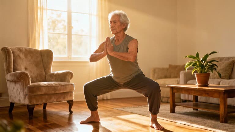 Elderly woman doing yoga squat indoors, practicing stretching exercises at home for flexibility and mobility, sunlight streaming through window, comfortable living room setting, senior fitness, gentle stretching routine, health and wellness for seniors.