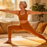 Elderly woman practicing yoga in living room, stretching and improving flexibility, indoors exercise routine, senior fitness, at-home stretching for seniors, healthy aging, yoga for elderly, peaceful home workout, stretching daily for wellness, senior yoga practice.