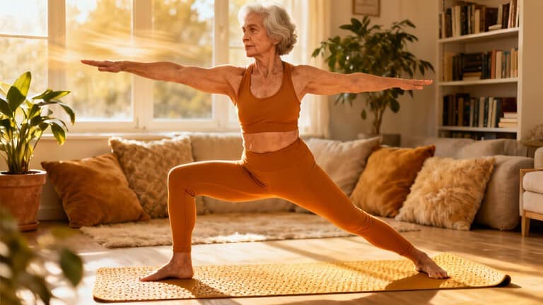 Elderly woman practicing yoga in living room, stretching and improving flexibility, indoors exercise routine, senior fitness, at-home stretching for seniors, healthy aging, yoga for elderly, peaceful home workout, stretching daily for wellness, senior yoga practice.