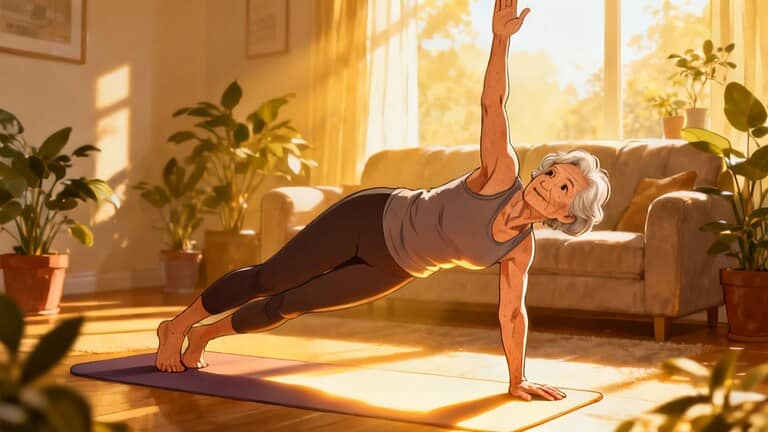 - Elderly woman practicing side plank yoga pose indoors with sunlight streaming through the window, promoting flexibility and strength for seniors.
