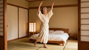 Gentle elderly woman doing morning stretching in traditional Japanese bedroom, promoting flexibility and wellness, ideal for seniors and adults seeking daily stretching routines for health and relaxation.