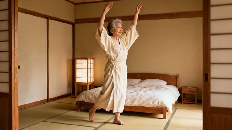 Gentle elderly woman doing morning stretching in traditional Japanese bedroom, promoting flexibility and wellness, ideal for seniors and adults seeking daily stretching routines for health and relaxation.